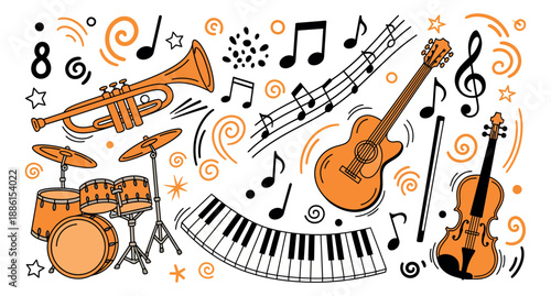 Hand drawn line art musical elements set featuring instruments and musical notes for celebration