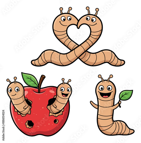Cartoon hand drawn worm and apple characters set featuring worms forming a heart, emerging from an apple, and holding a leaf for kids' projects