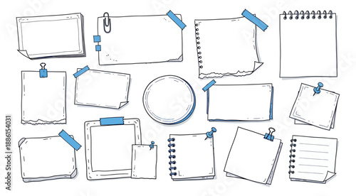 Hand drawn paper elements set featuring blank sticky notes, memo pads and notebooks for creative projects