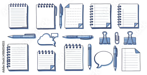 Hand drawn line art office supplies set featuring notebooks, pens, paper sheets, clips, and speech bubbles for education and communication