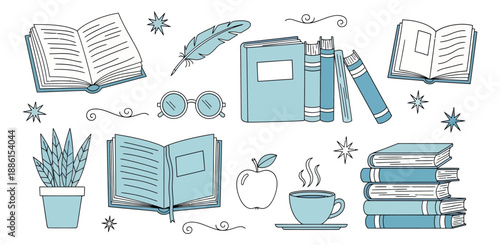 Hand drawn line art reading essentials set featuring books, a quill, eyeglasses, a coffee cup, and an apple for education concepts