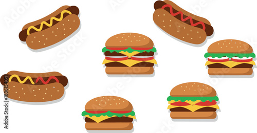 Vector illustration set featuring realistic double cheeseburgers and hot dogs with mustard and ketchup for fast food menu designs