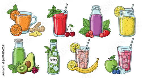 Hand drawn line art healthy drinks set featuring fresh fruit juices, smoothies, and detox beverages for a natural and refreshing lifestyle