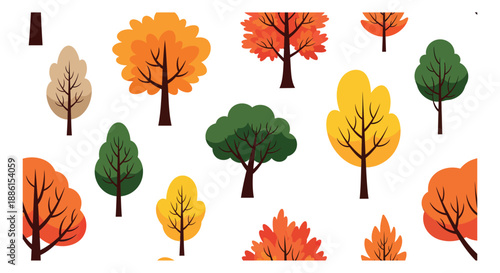 Stylized autumn trees set featuring diverse shapes and fall colors for seasonal nature designs