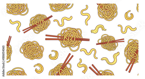Hand drawn line art noodle elements set featuring various noodle shapes and chopsticks for asian food branding
