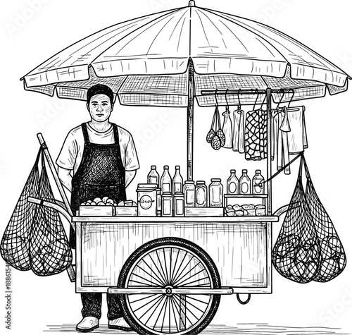 Detailed hand drawn vintage sketch of a local street food vendor with a traditional push cart and umbrella