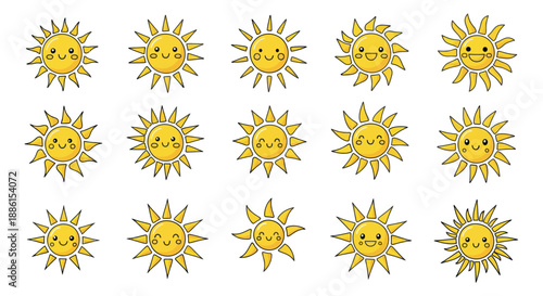 Cute cartoon sun icons set featuring smiling faces and diverse expressions for summer and happiness design