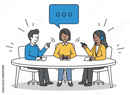 Hand drawn line art illustration of business people depicting a discussion for a team meeting