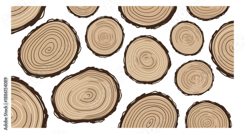 Hand drawn line art wood slices set featuring natural texture and growth rings for rustic design and nature concepts