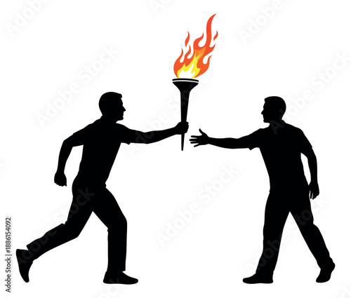 Graphic silhouette illustration of two men depicting a torch relay for concepts of teamwork and success