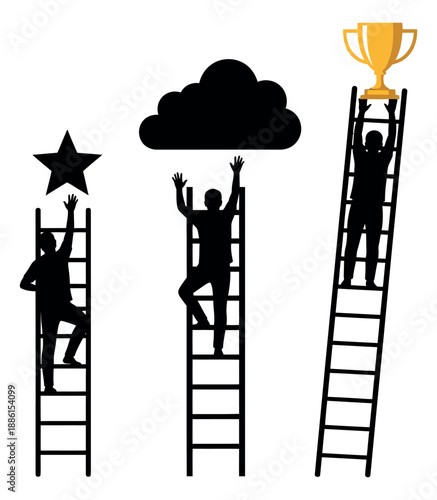 Flat silhouette concept set featuring people climbing ladders to reach a star, cloud, and trophy for business and personal achievement