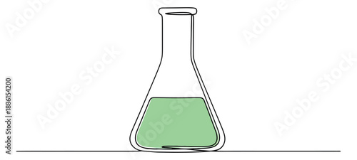 Continuous line art illustration of an Erlenmeyer flask depicting green liquid inside for scientific research