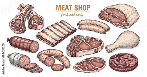 Hand drawn vintage meat set featuring raw cuts of beef, lamb, and poultry, along with sausages and salami, for butchery and food design