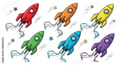 Hand drawn comic style rocket illustration set featuring six colorful rockets launching with smoke and stars for startup, success, or space themes