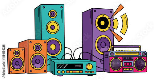 Retro hand drawn line art audio equipment set featuring colorful speakers, an amplifier, and a boombox for music and entertainment
