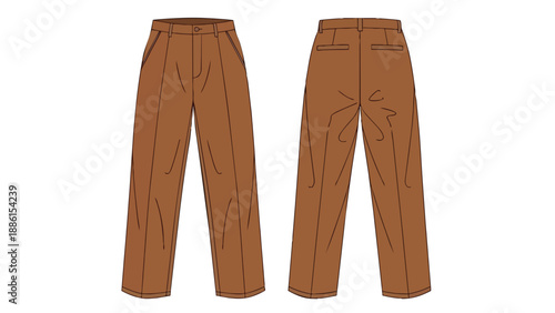 Detailed technical flat sketch illustration of a pair of classic brown wide-leg trousers showing comprehensive front and back design elements