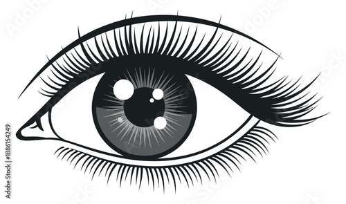Stylized line art illustration of human eye depicting an open gaze with lush eyelashes for beauty and vision related designs