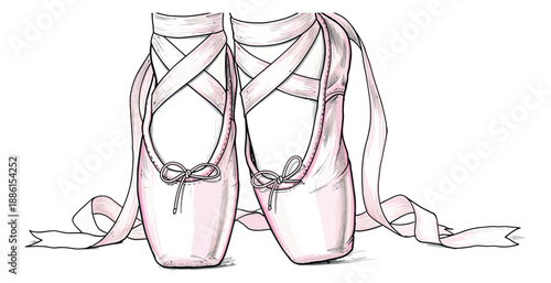 Hand drawn line art illustration of ballet pointe shoes depicting tied ribbons for dance or elegance concepts