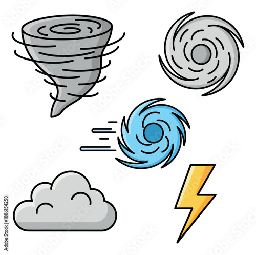 Colorful hand drawn line art weather icons set featuring a tornado, hurricanes, cloud, and lightning bolt for weather forecast