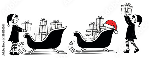 Hand drawn line art Christmas holiday set featuring elves loading gifts into sleighs and a santa hat for festive season design