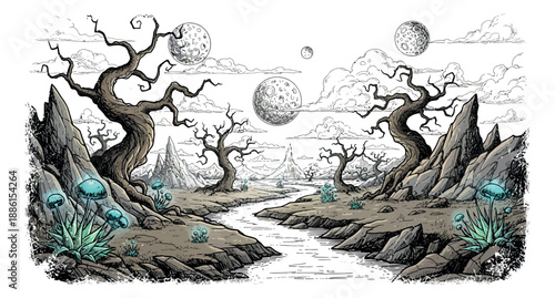 Comic style illustration of an alien planet landscape depicting barren trees and multiple moons for fantasy game design