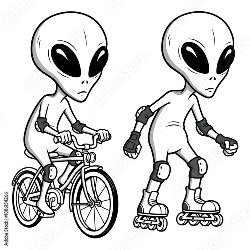 Hand drawn cartoon alien character set featuring one riding a bicycle and another rollerblading for sports and outdoor activities