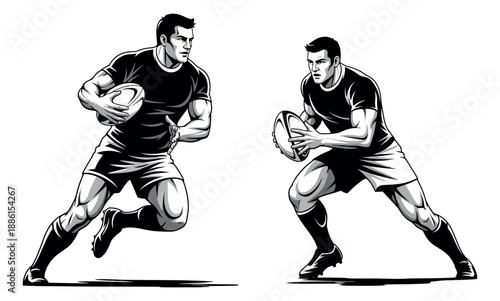 Bold line art rugby players set featuring two male athletes with a ball for sports competitions