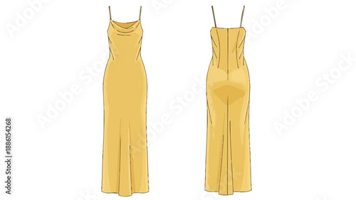 Golden satin slip dress technical drawing with front and back views. Elegant women's evening gown features a graceful cowl neck and delicate straps.
