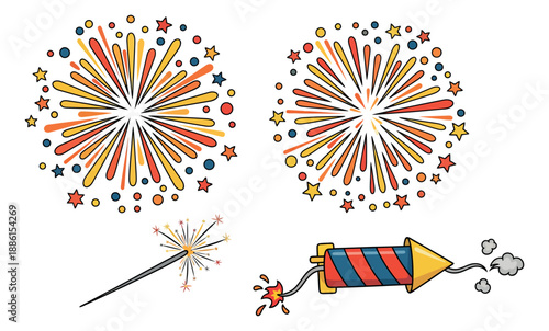 Colorful line art fireworks set featuring bursts, a sparkler, and a rocket for celebration