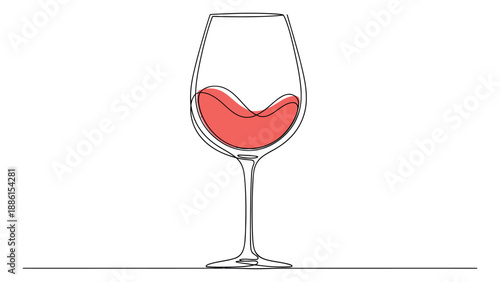 Hand drawn line art illustration of a wine glass depicting red wine for beverage and celebration concepts