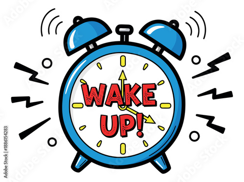 Pop art line art illustration of an alarm clock depicting ringing and displaying a 'Wake Up!' message for an urgent reminder