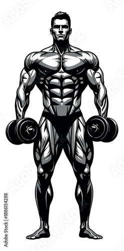 Powerful line art illustration of a bodybuilder depicting a muscular pose with dumbbells for fitness and gym concepts