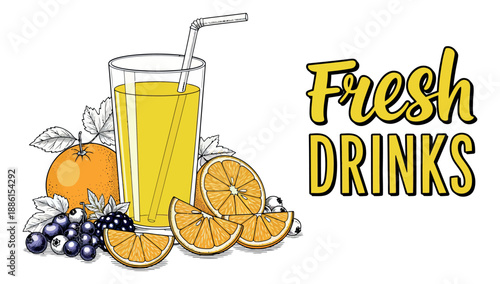 Hand drawn line art illustration of a fresh drink with oranges and berries depicting natural refreshment for summer menus