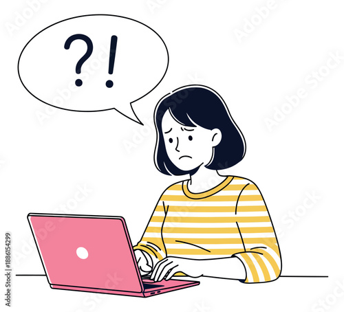 Hand drawn line art illustration of a woman depicting confusion and frustration while using a laptop for problem solving