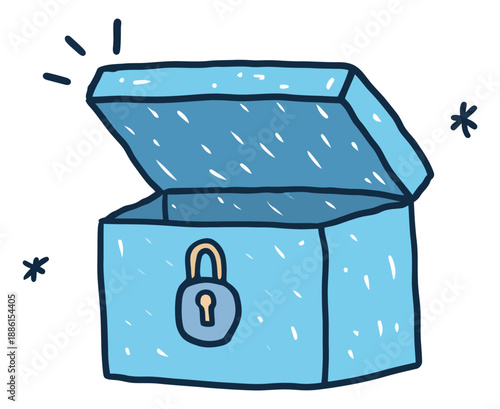 Hand drawn illustration of an open treasure chest depicting a padlock and sparkles for discovery and secrets