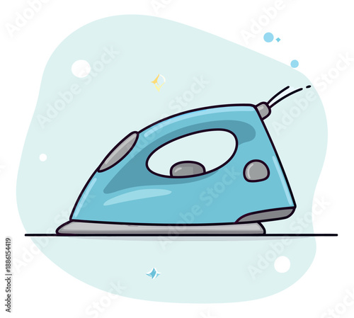 Hand drawn line art illustration of a steam iron depicting a domestic appliance for laundry and household chores