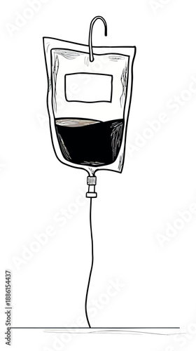 Hand drawn line art illustration of a coffee intravenous bag depicting a dark liquid for an energy drink concept