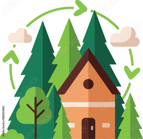 A serene house surrounded by lush trees in a forest from an aerial viewpoint