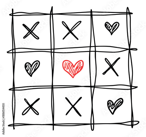 Hand drawn line art illustration of a tic tac toe game depicting 'X' marks and hearts with a central red heart for love and romance