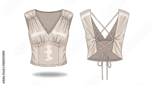 Elegant sleeveless v-neck top with intricate back lacing and delicate ruching, presented in a crisp, isolated flat technical drawing for a refined