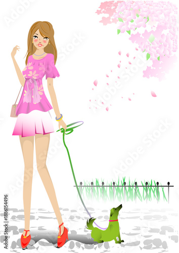 女性と犬、桜の花