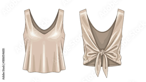 Elegant women's sleeveless v-neck top fashion illustration with a graceful tie-back detail, showcasing contemporary apparel design and stylish