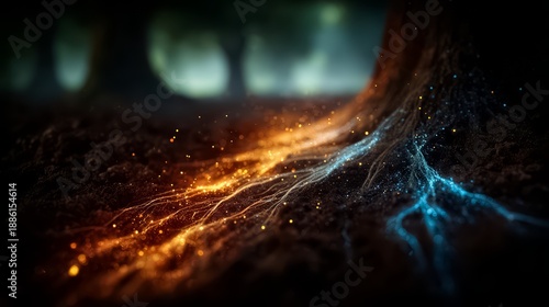 Tree with roots that are blue and orange. The roots are glowing and the background is dark