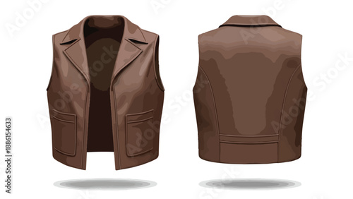 A classic earth-toned leather vest rendered with front and back views showcasing its tailored design and functional pockets, perfect for versatile