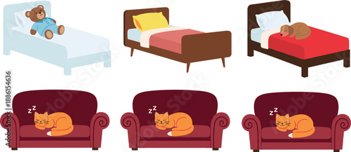 Vector illustration set featuring sleeping ginger cats on sofas dogs on beds and a cute teddy bear resting