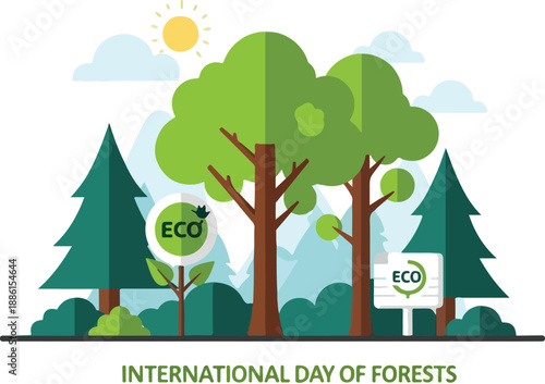 Celebrating International Day of Forests with eco-friendly trees in a serene forest landscape from a frontal viewpoint