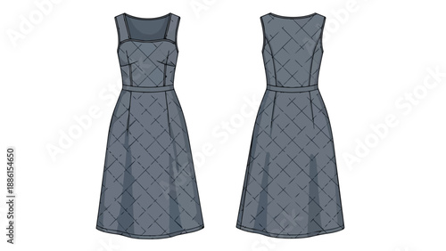Sleeveless midi dress flat technical drawing with square neckline and criss-cross pattern, front and back views, grey color, for fashion and apparel
