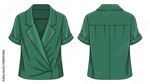 Elegant emerald wrap blouse fashion design illustration with detailed front and back technical flats for garment production and apparel styling
