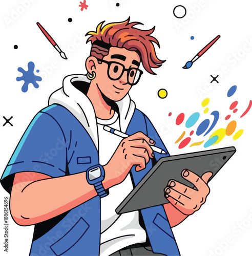 A young artist creates digital art on a tablet, surrounded by colorful graphics and creative tools