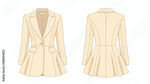 Elegant cream blazer technical flat sketch featuring stylish peplum hem. Front and back views for fashion design, apparel production, and garment